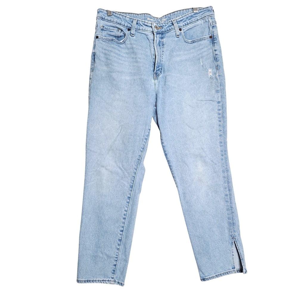 Old Navy Womens 14‎ Light Wash High Rise Straight Jeans Slit Hem Distressed